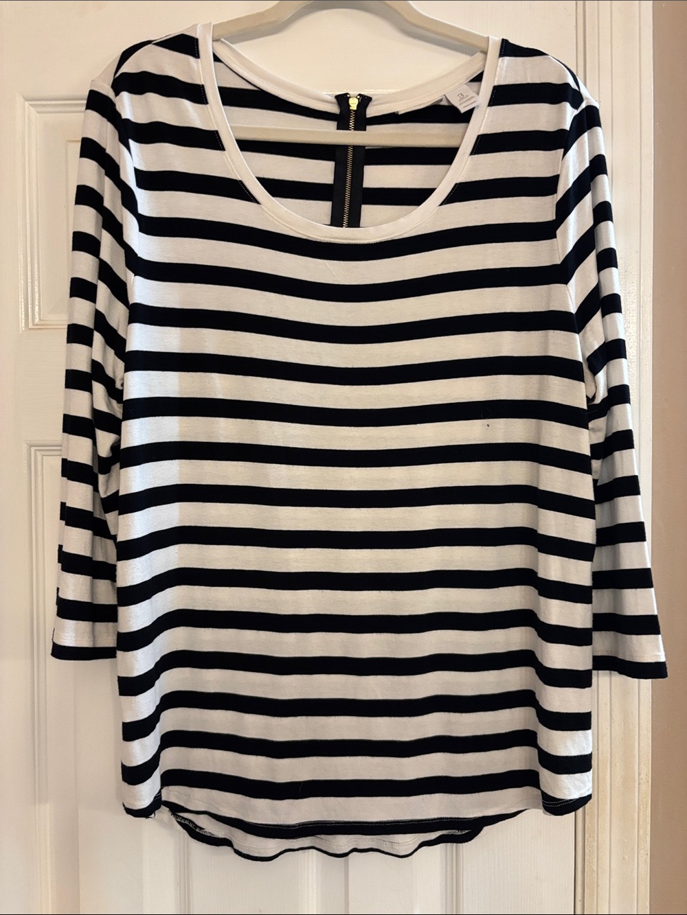 Chico's Black & White Striped Scoop Neck Topl Chico size three